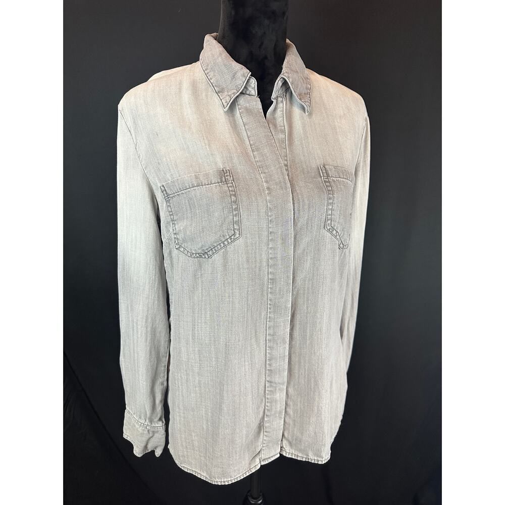 Women's Tribal Jeans Stone Wash Button Down Top, Roll Tab Sleeve, Gray Wash Sz M